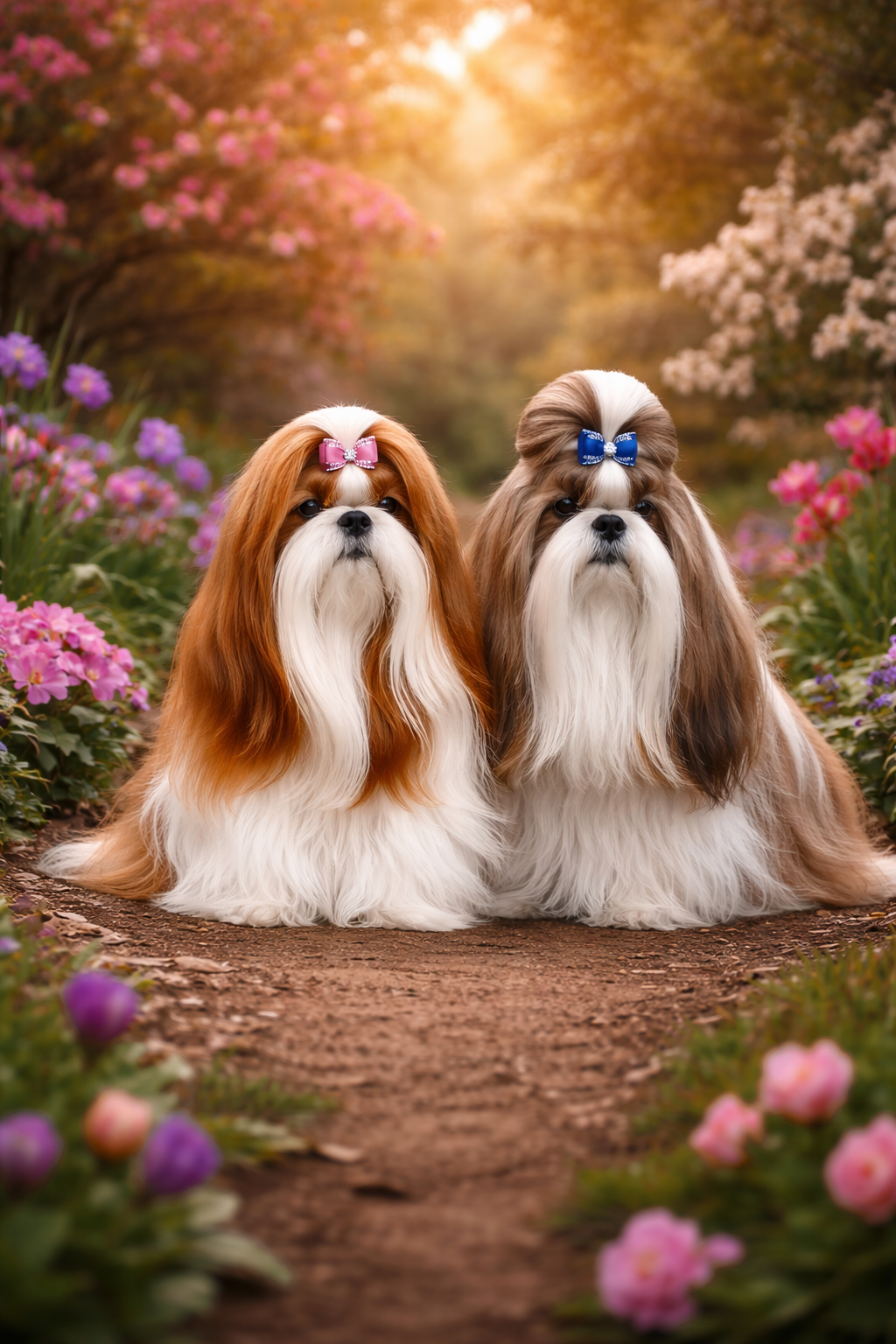 Dwa Shih Tzu w ogrodzie