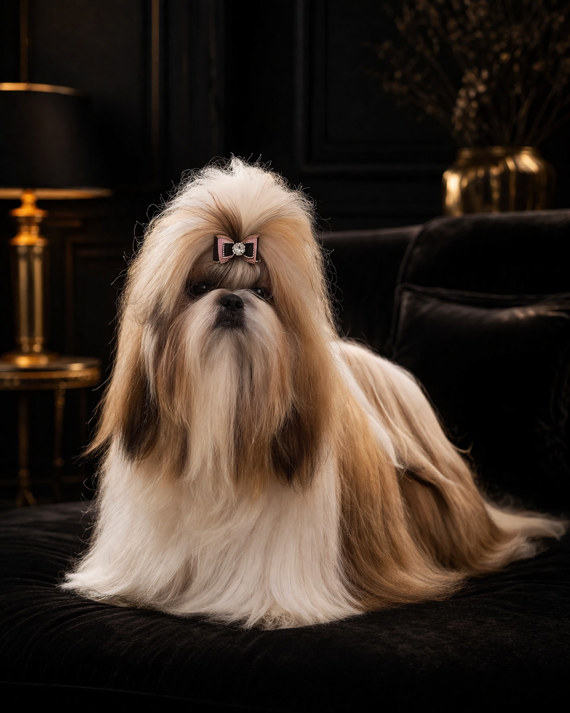 Shih Tzu w ciemnej aranżacji