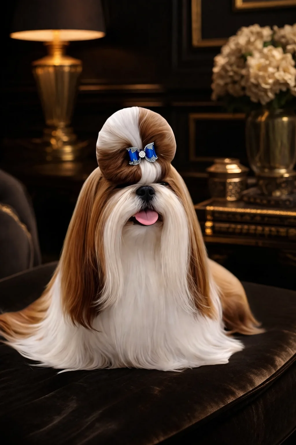 Shih Tzu z różową kokardką w luksusowym wnętrzu