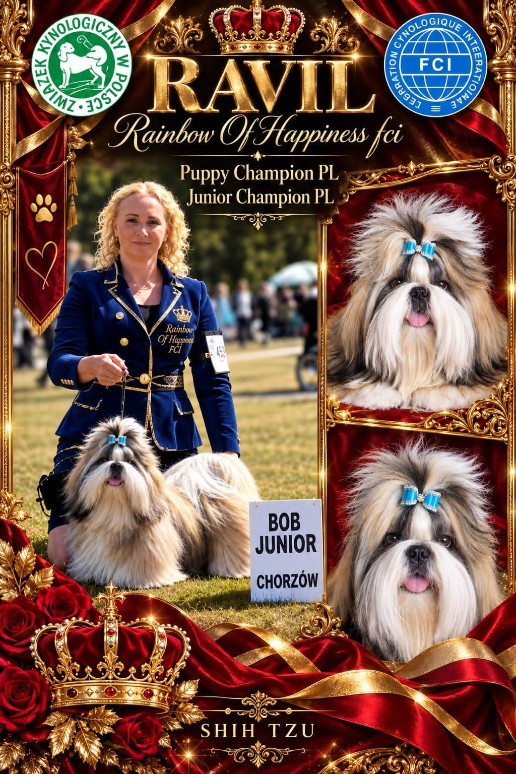 RAVIL Rainbow Of Happiness FCI — grafika w czerwono-złotej oprawie, Puppy Champion PL i Junior Champion PL