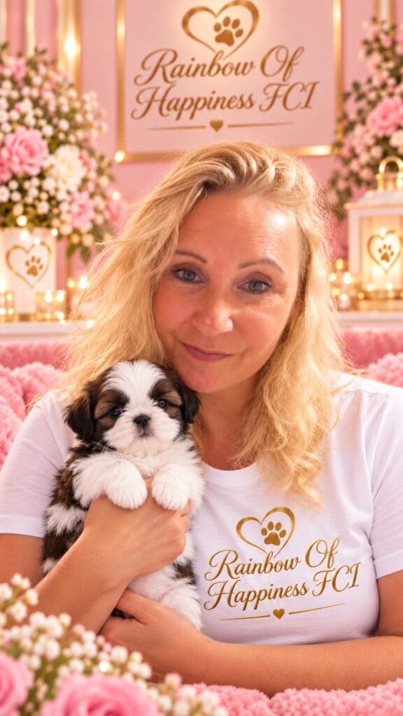 Kobieta ze szczeniakiem Shih Tzu w różowo-złotej oprawie Rainbow Of Happiness FCI
