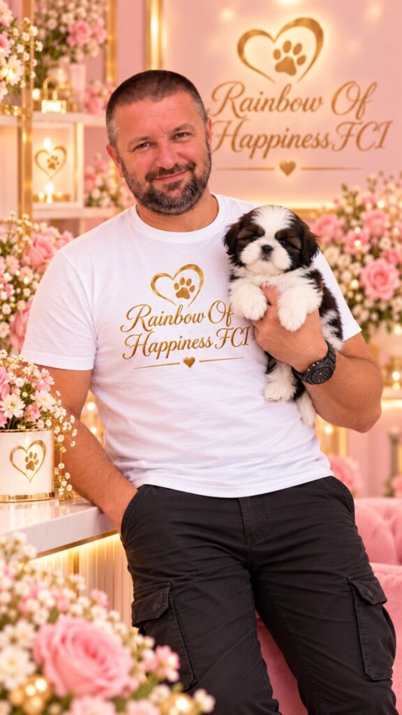 Mężczyzna ze szczeniakiem Shih Tzu w różowo-złotej oprawie Rainbow Of Happiness FCI